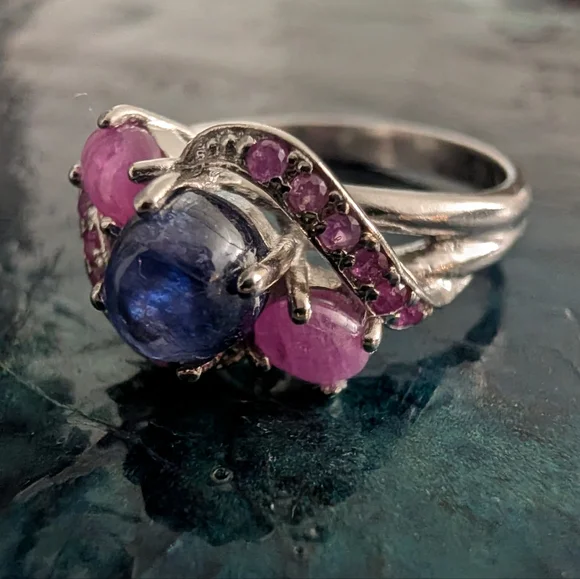 Sterling Silver Natural Blue Sapphire And Pink Sapphire Ring Size 9 - Picture 2 of 9